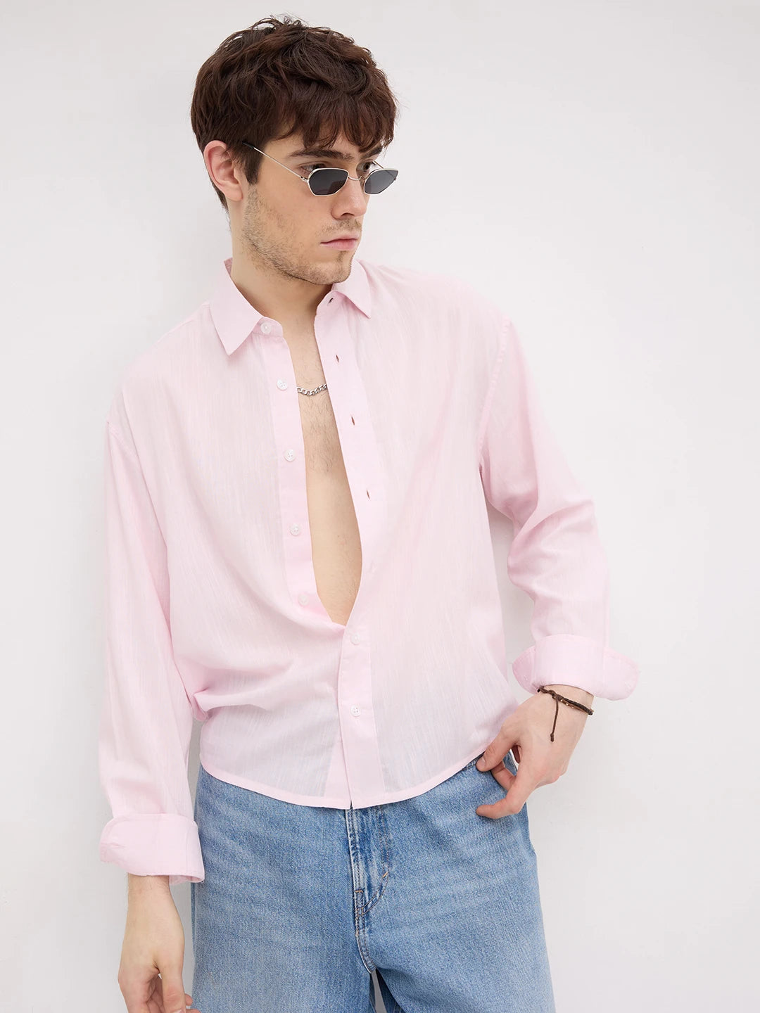 Charming Blush Pink Fine Textured Boxy Fit Crop Shirt
