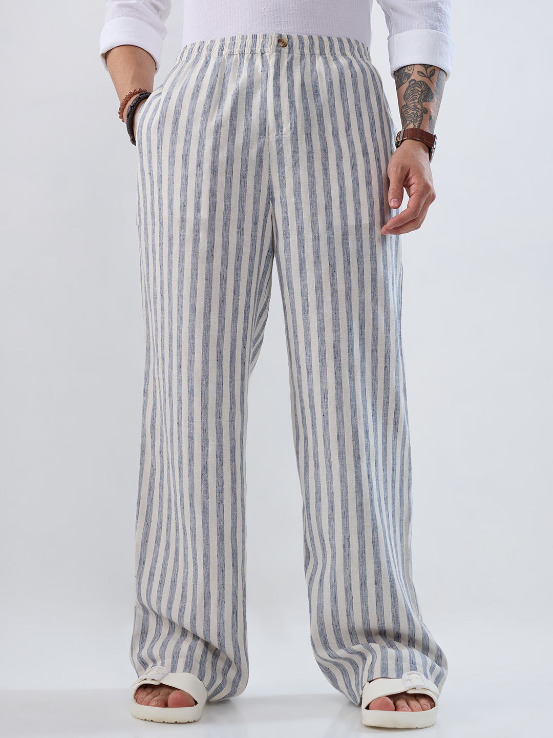 White & Navy Linen Blend Wide-Leg Trousers