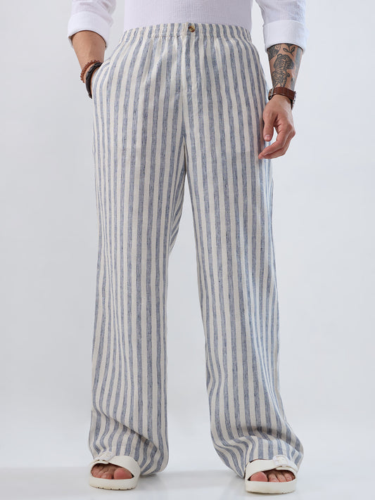 White & Navy Linen Blend Wide-Leg Trousers