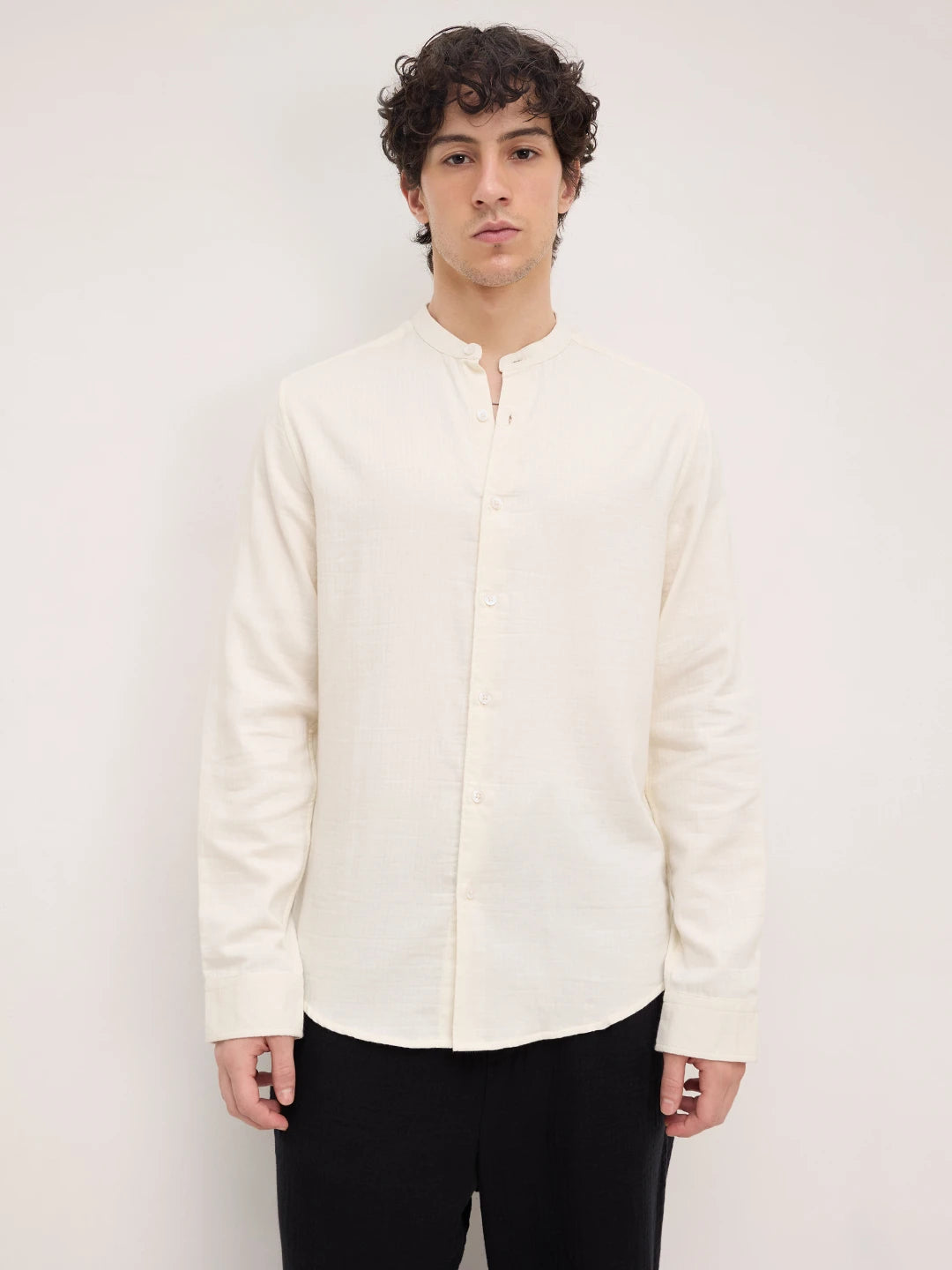 Off White Herringbone Textured Mandarin Shirt