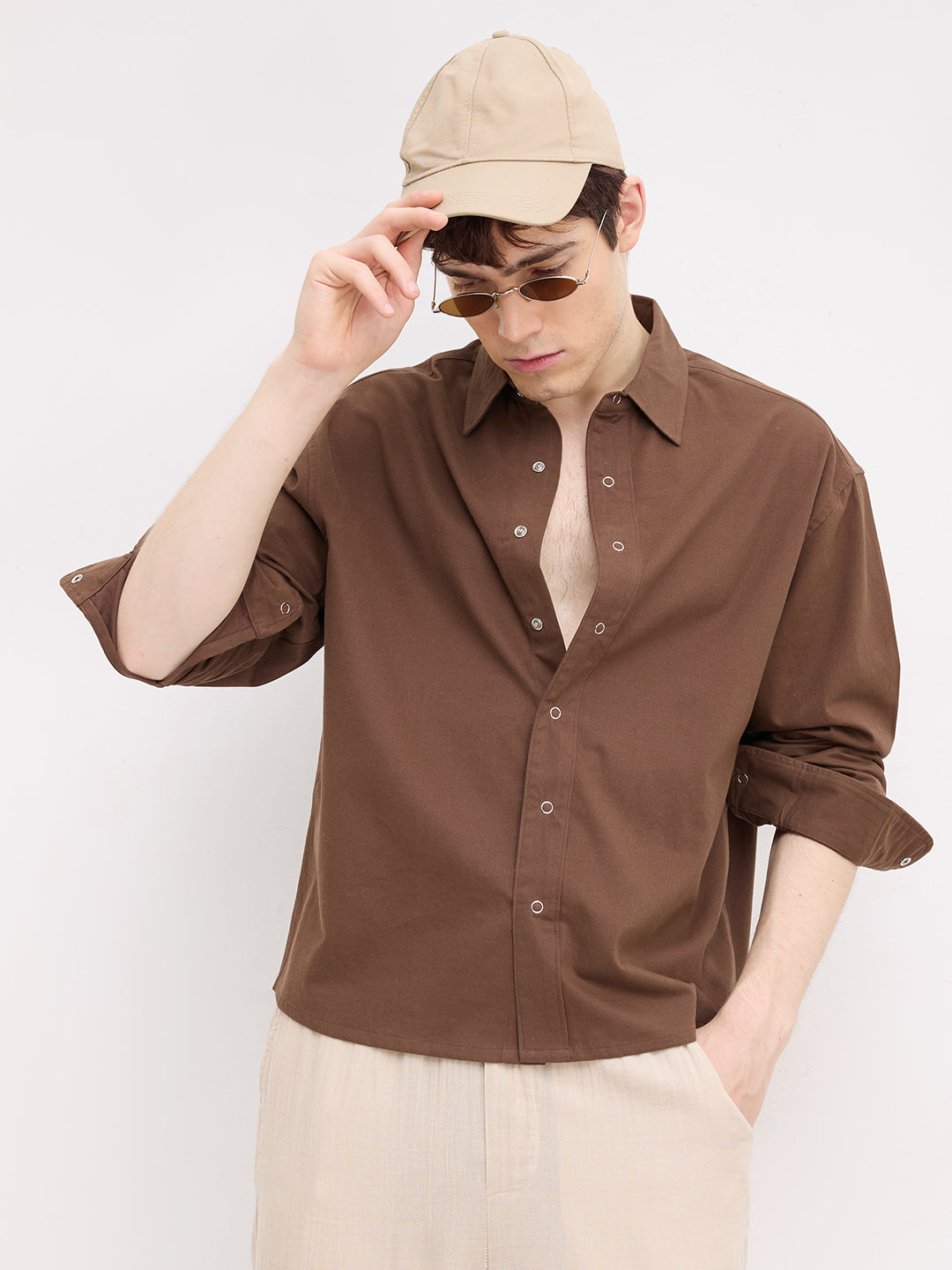 Luxe Chocolate Brown Cord Boxy Fit Crop Shirt