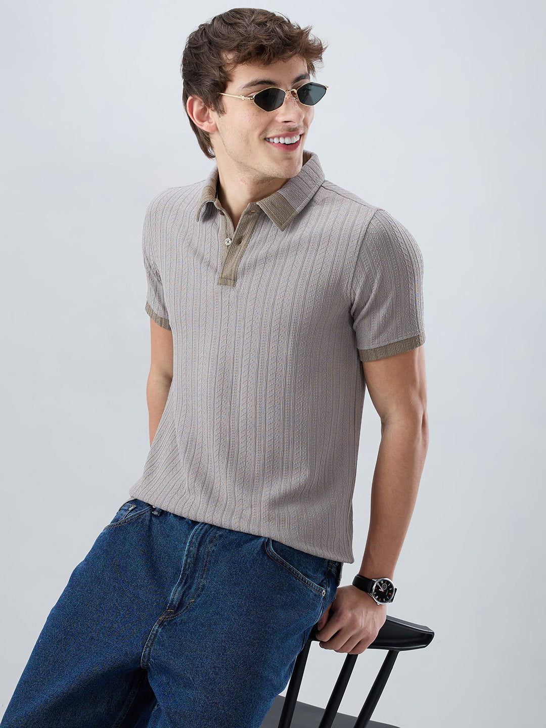 Ash Grey Ribbed Polo Neck Knit T-shirt
