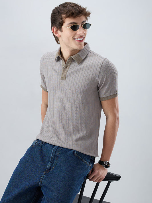 Ash Grey Ribbed Polo Neck Knit T-shirt