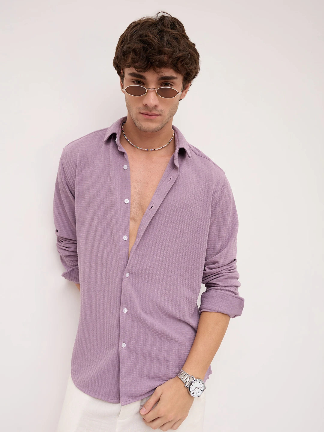 Refined Dusty Lilac Gingham Checks Knitted Shirt