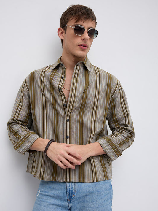 Khaki Multi Stripe Flow Boxy Fir Crop Shirt