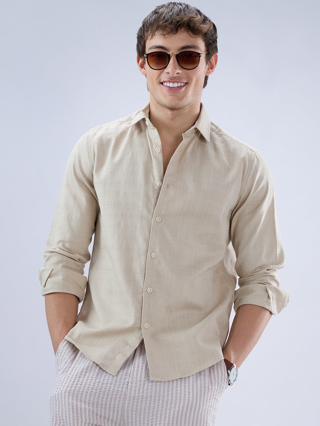 Bone Beige Textured Weave Shirt