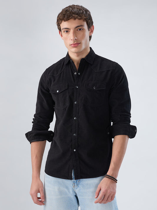 Timeless Black Corduroy Double Flap Pocket Overshirt