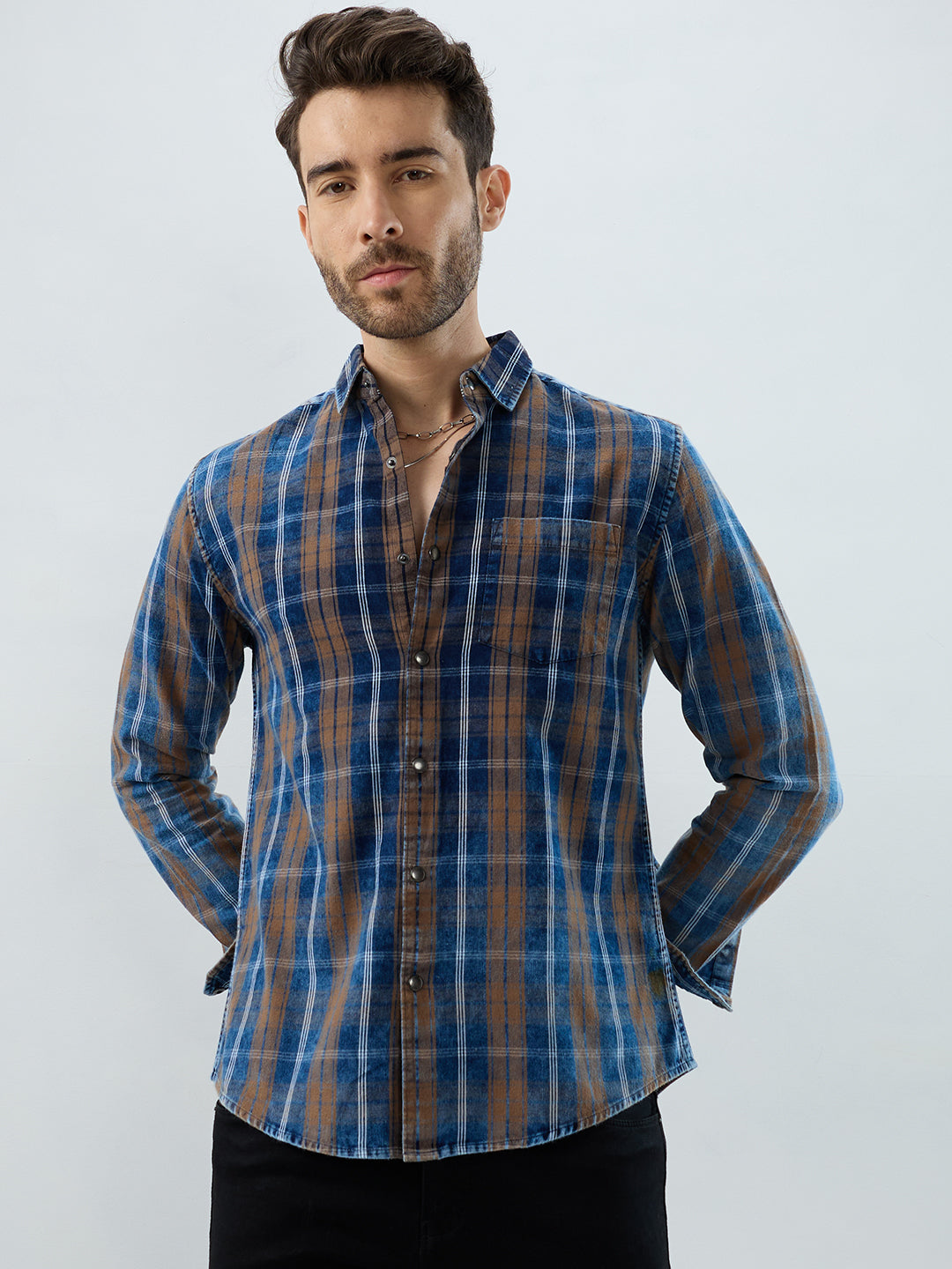 Classic Camel Brown Nightfall Denim Tartan Checks Shirt
