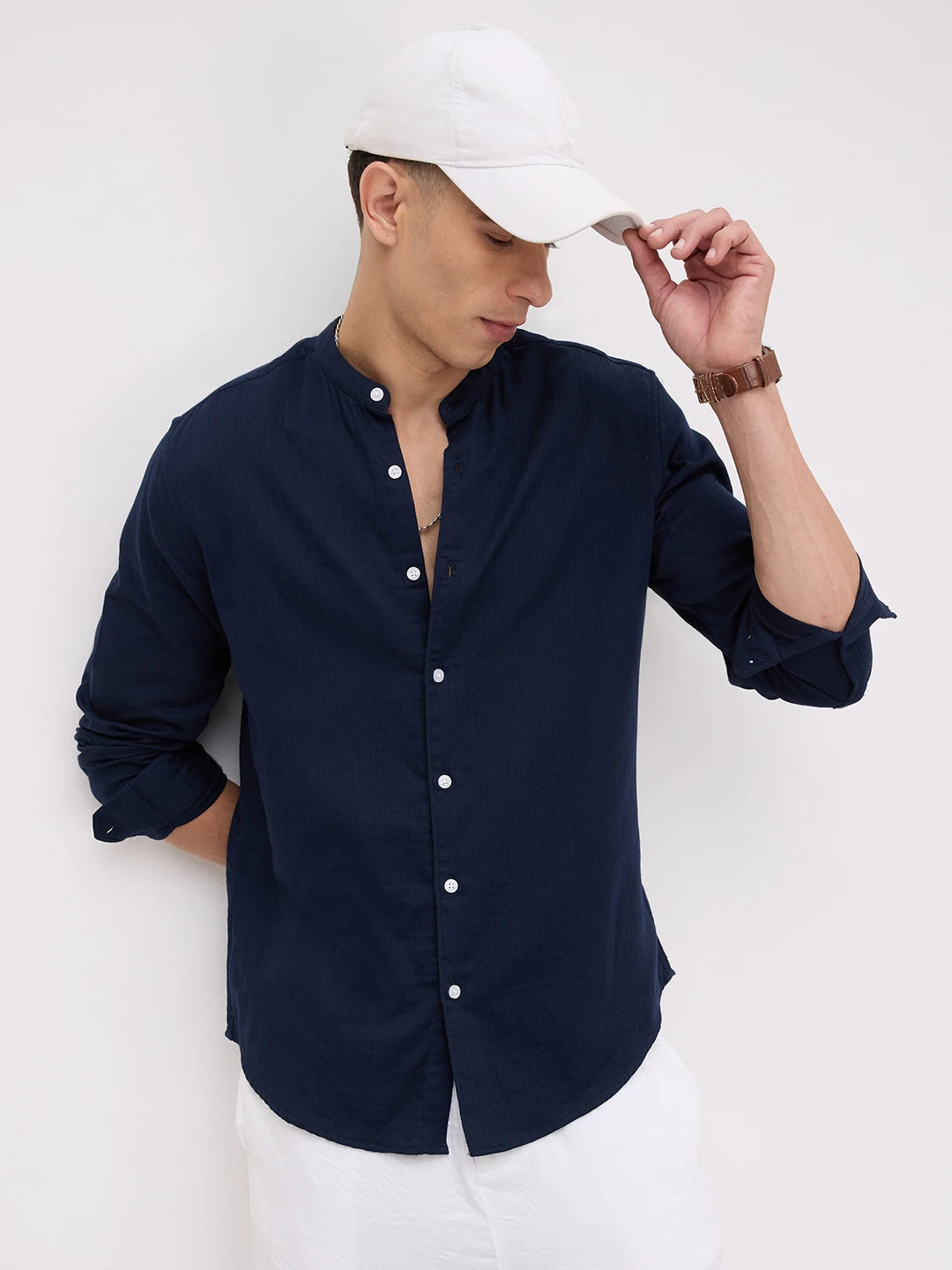 Navy Herringbone Textured Mandarin Shirt