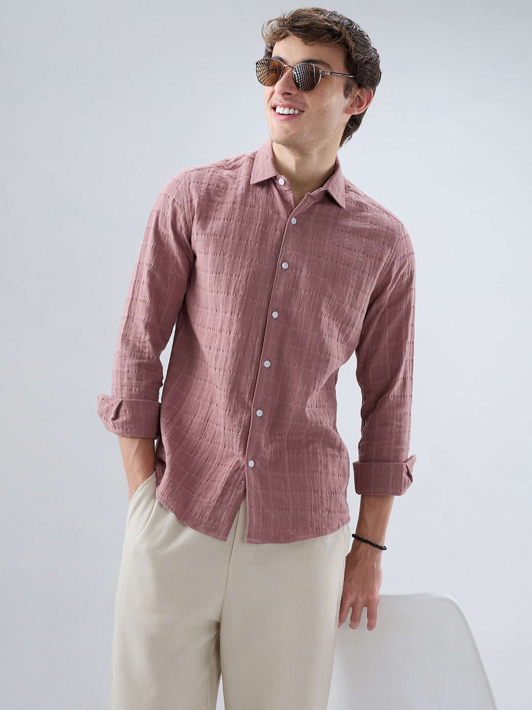 Dusty Peach Box Weave Seersucker Double Cloth Shirt