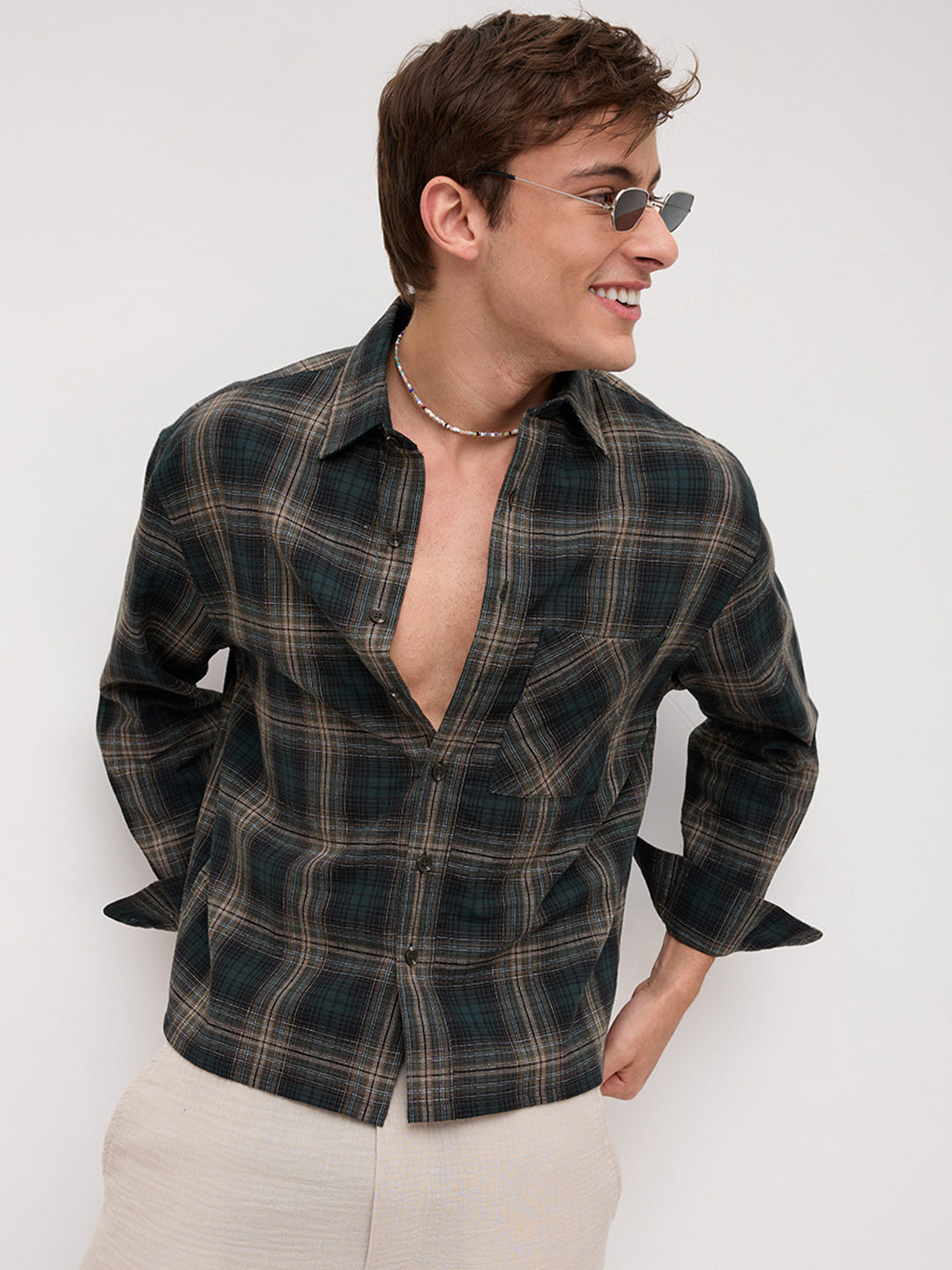 Forest Black Multi Line Plaid Checks Boxy Fit Crop Shirt
