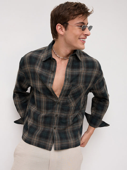 Forest Black Multi Line Plaid Checks Boxy Fit Crop Shirt