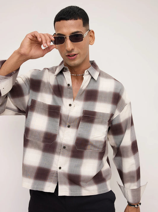 Brown & Grey Shadow Checks Boxy Fit Crop Utility Shirt