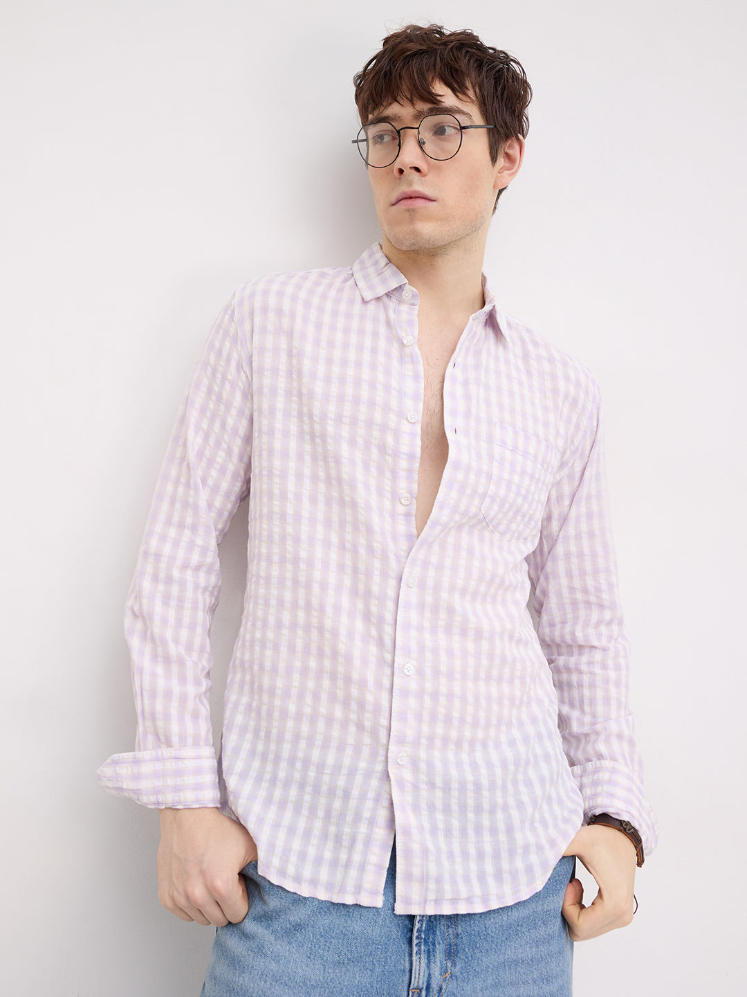 Muted Lilac Shadow Check Calm Aesthetic Shirt