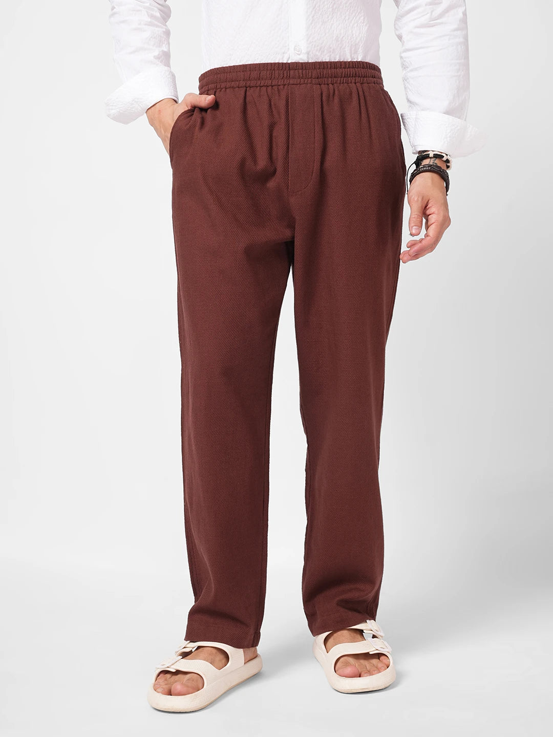 Brown Diagonal Twill Textured Tapered Trousers