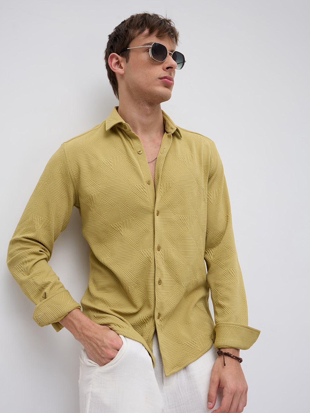 Sunlit Mustard Maze Textured Knitted Shirt