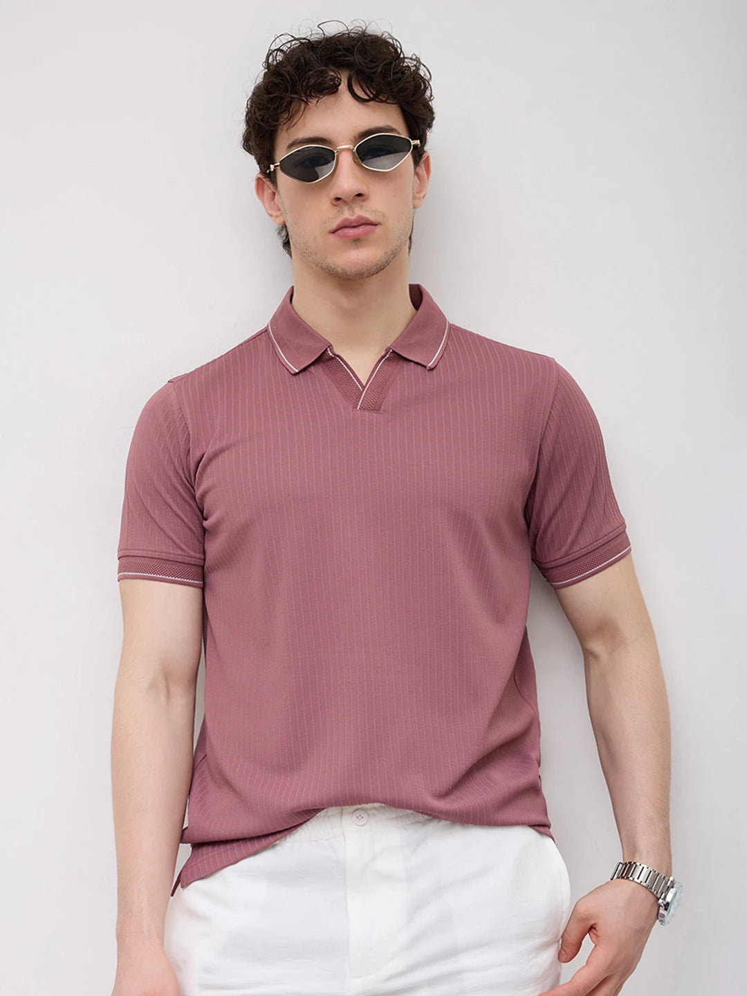 Rosewood Rib Striped Weave Polo Tee