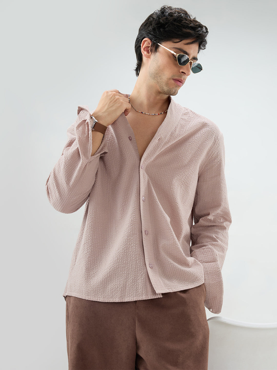 Taupe Beige Seersucker Striped Stand Collar Oversized Shirt