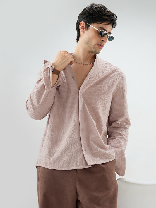 Taupe Beige Seersucker Striped Stand Collar Oversized Shirt