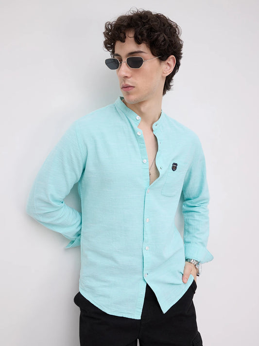 Spring Blue Textured Mandarin Collar Shirt