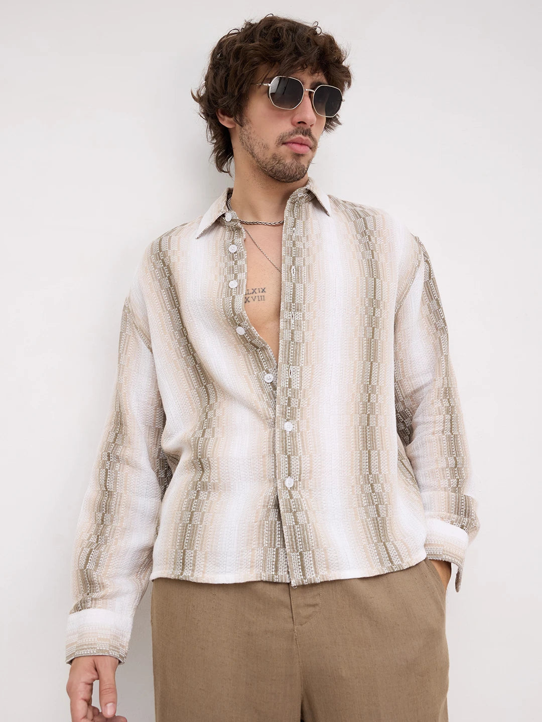 Beige & Olive Interlock Loom Striped Boxy Fit Crop Shirt