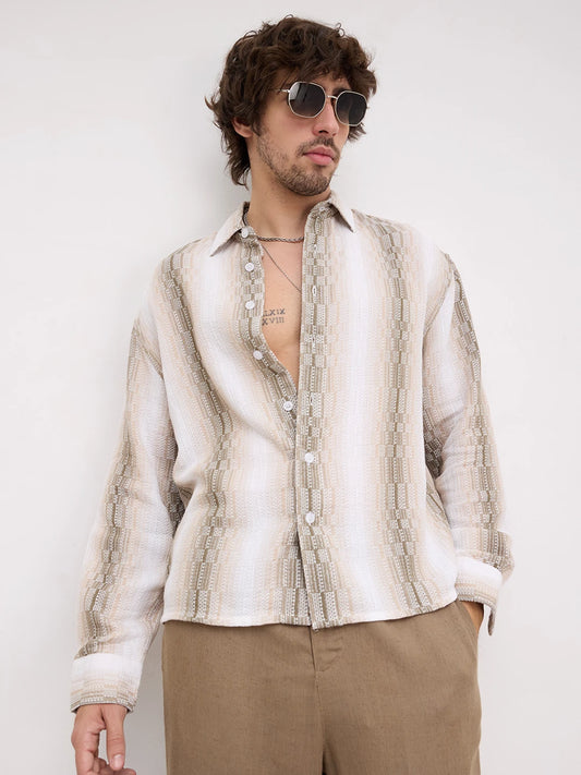 Beige & Olive Interlock Loom Striped Boxy Fit Crop Shirt