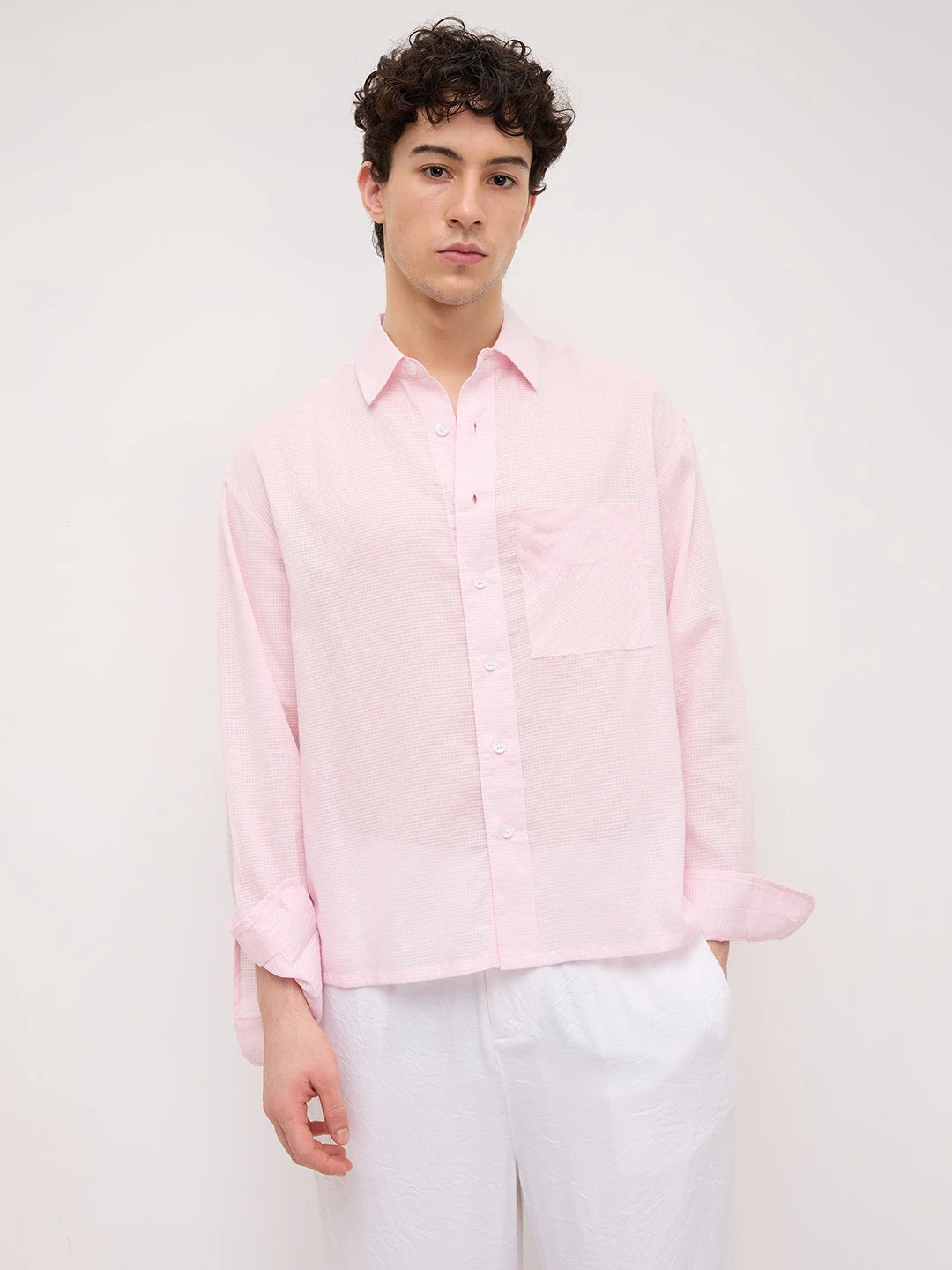 Sheer Blush Pink Gingham Checks Boxy Fit Crop Shirt