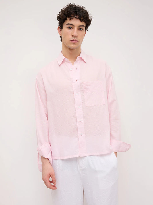 Sheer Blush Pink Gingham Checks Boxy Fit Crop Shirt