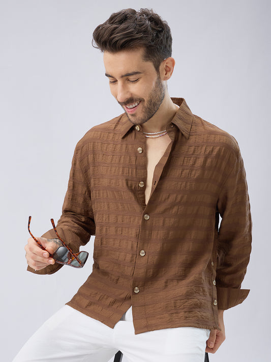 Brown Tonal Textured Side Slit Button Boxy Fit Crop Shirt