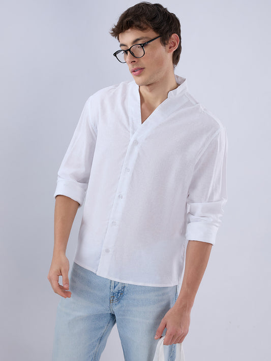 Pure White Linen Blend Stand Collar Oversized Shirt