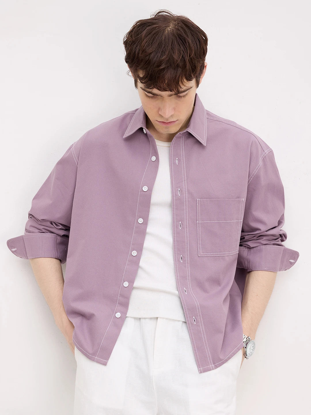 Rich French Lavender Contrast Stitch Boxy Fit Crop Cord Shirt