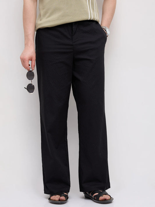 Black Fine Textured Wide Leg Trousers