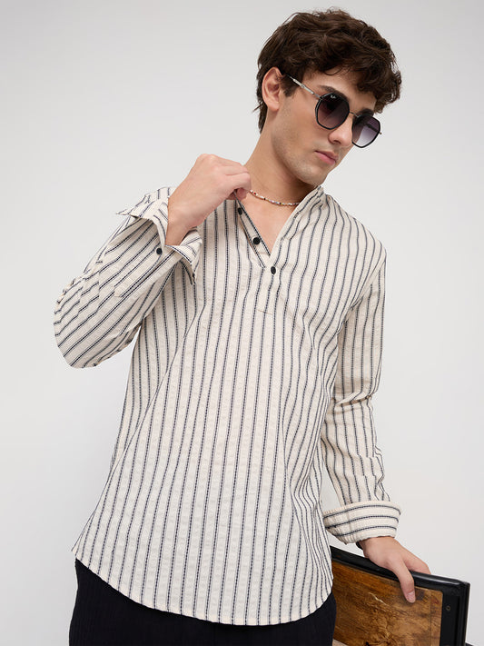 Coastal Ivory Motif Striped Seersucker Embroidered Kurta