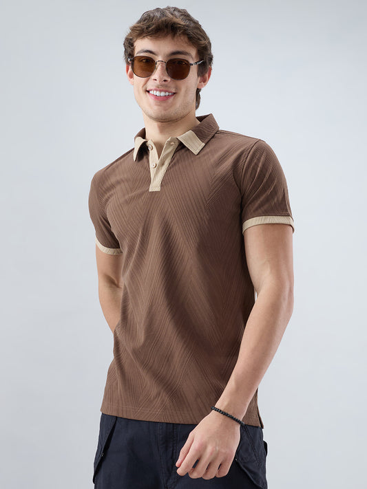 Coffee Brown Contrast Polo Neck Knit T-shirt