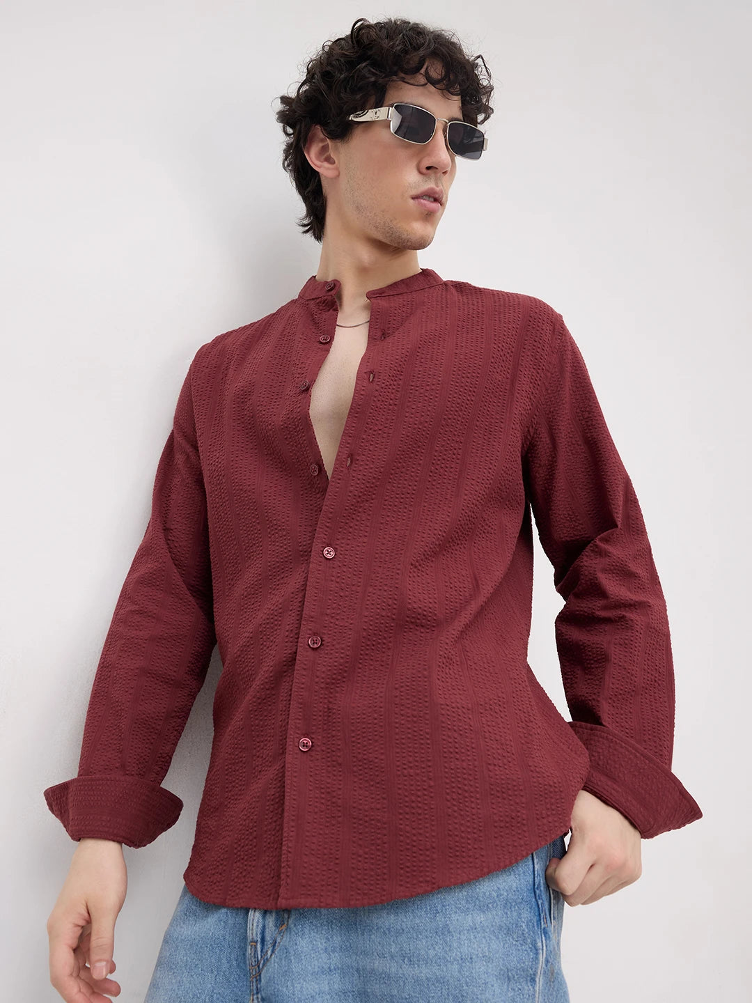 Brick Red Seersucker Striped Mandarin Shirt