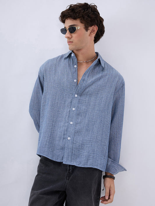 Slate Blue Textured Boxy Fit Crop Shirt