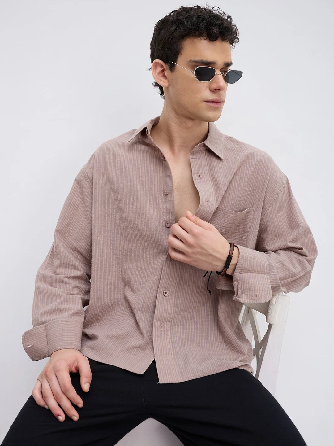 Taupe Brown Fine Striped Boxy Fit Crop Shirt