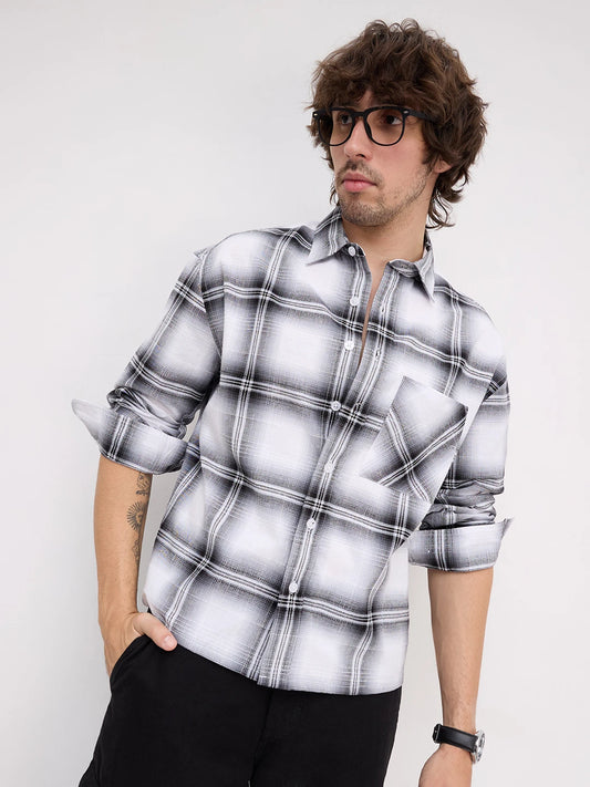 Rich Monochrome Plaid Shadow Checks Boxy Fit Crop Shirt