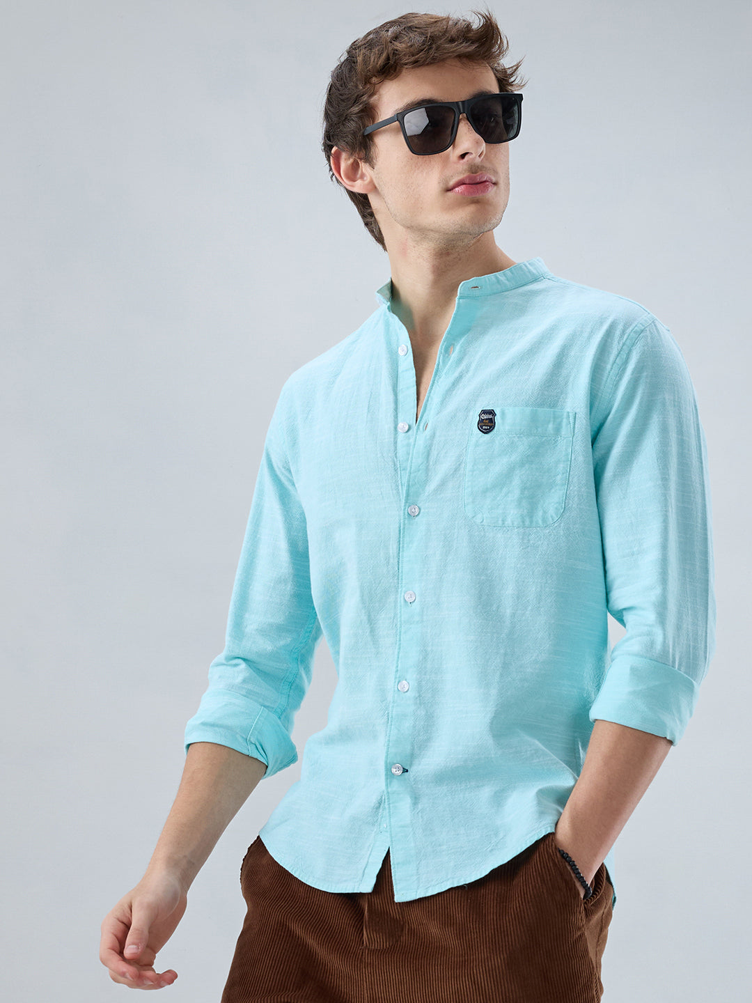 Spring Green Textured Mandarin Collar Shirt