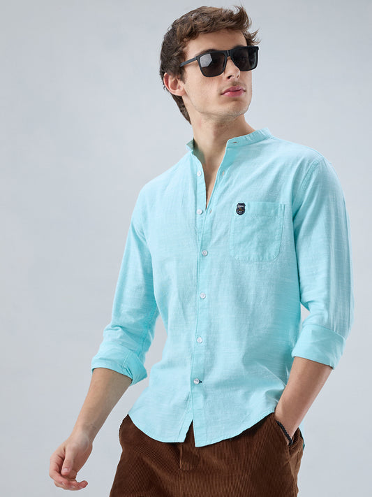 Spring Green Textured Mandarin Collar Shirt