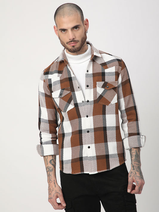 Brown & White Heavy Twill Jacquard Double Pocket Shirt