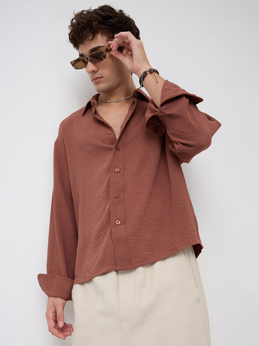 Russet Brown Crinkled Boxy Fit Crop Shirt