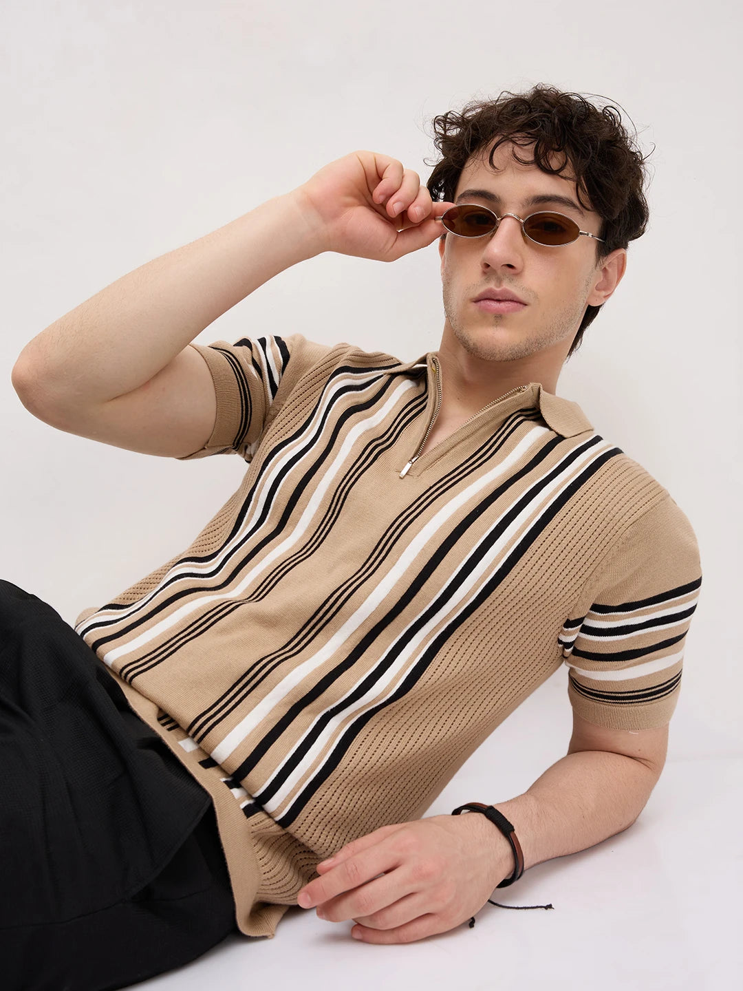 Beige Vertical Striped Flat Knit Zip Polo T-Shirt