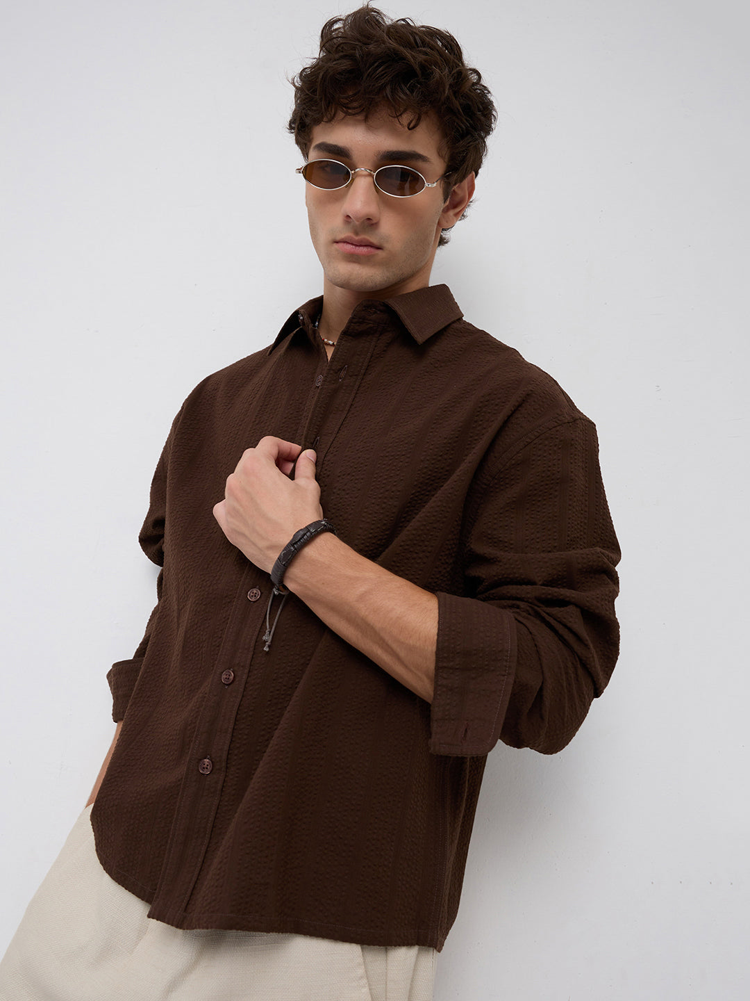 Espresso Brown Seersucker Boxy Fit Crop Shirt