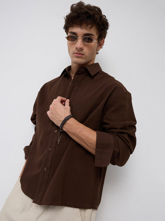 Espresso Brown Seersucker Boxy Fit Crop Shirt