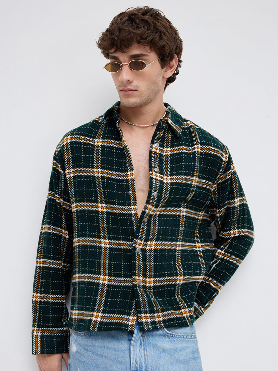 Forest Green Tartan Checked Boxy Fit Crop Flannel Shirt