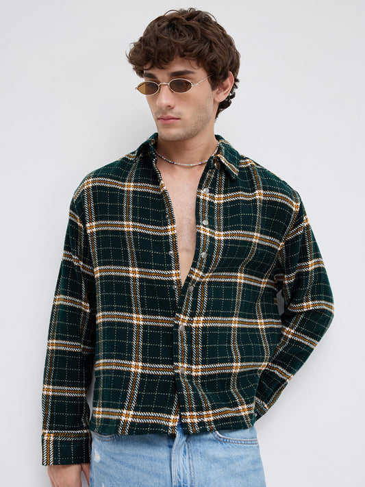 Forest Green Tartan Checked Boxy Fit Crop Flannel Shirt