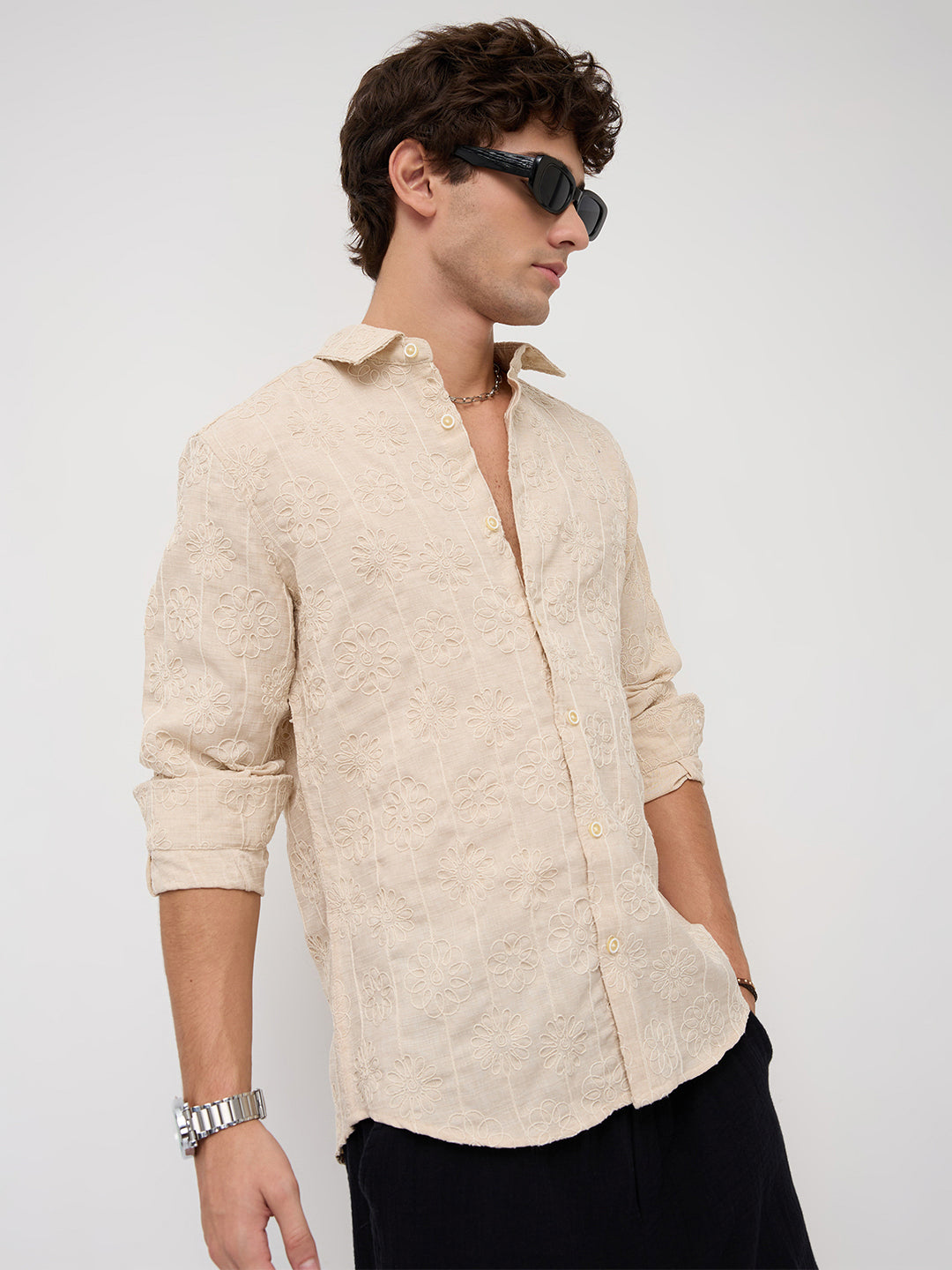 Serene Whispering Bloom Bisque Beige Embroidered Shirt