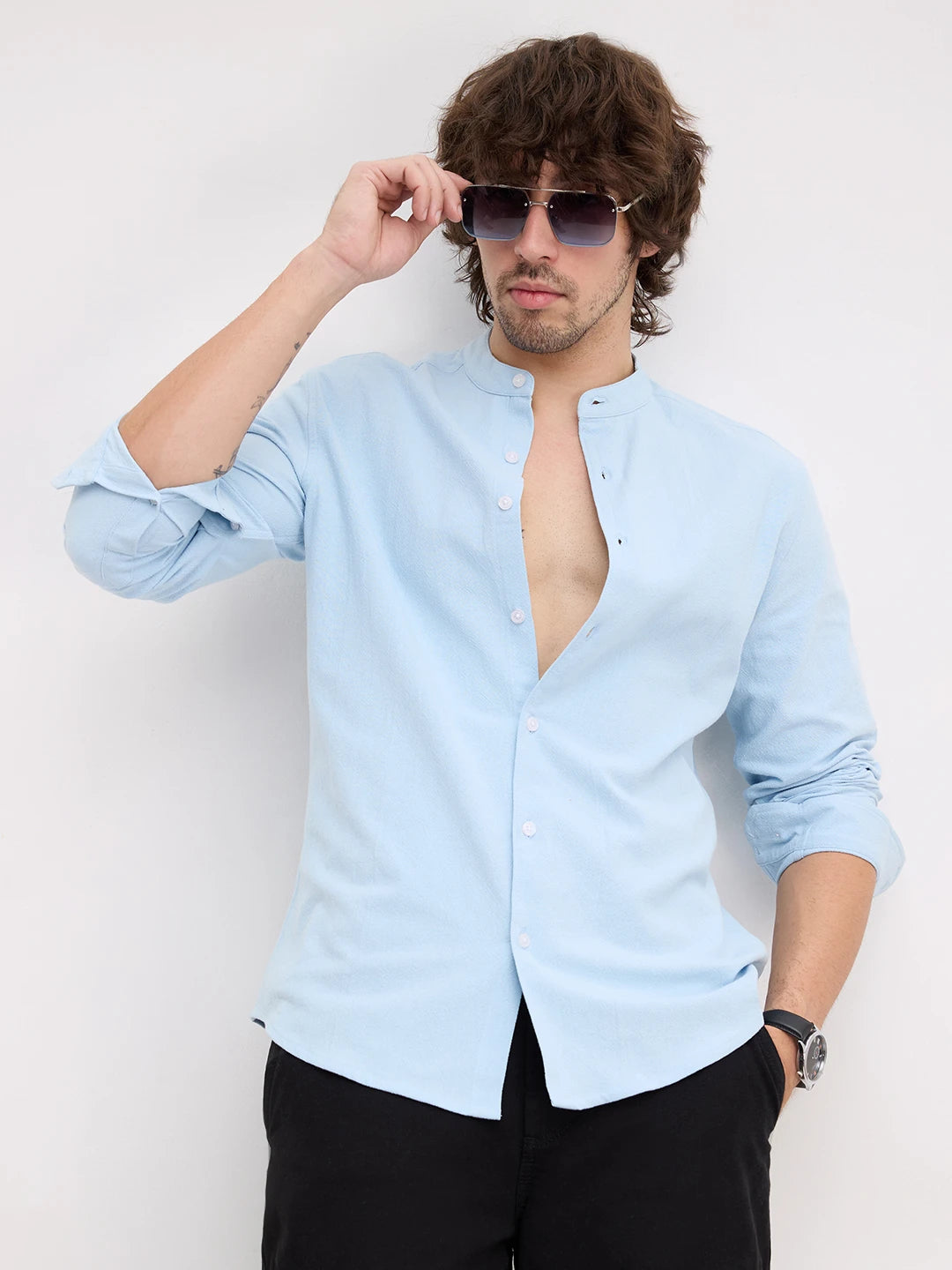 Refreshing Aqua Solid Blue Fine Mandarin Shirt