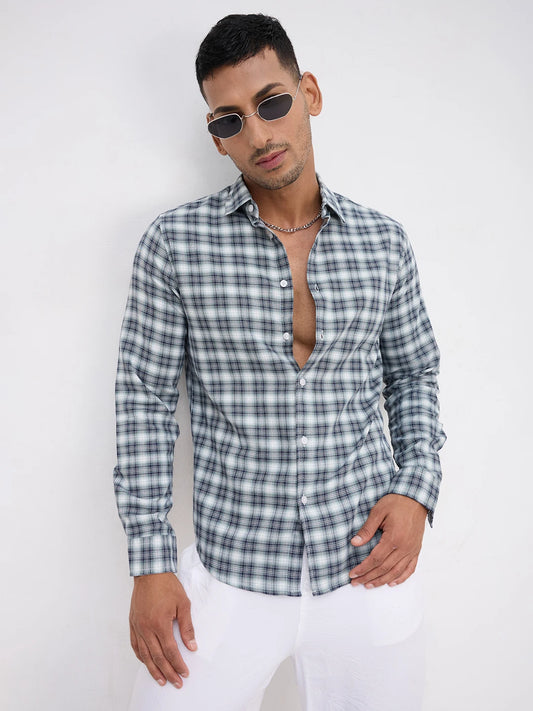 Green & Navy Refined Crossweave Checked Shirt